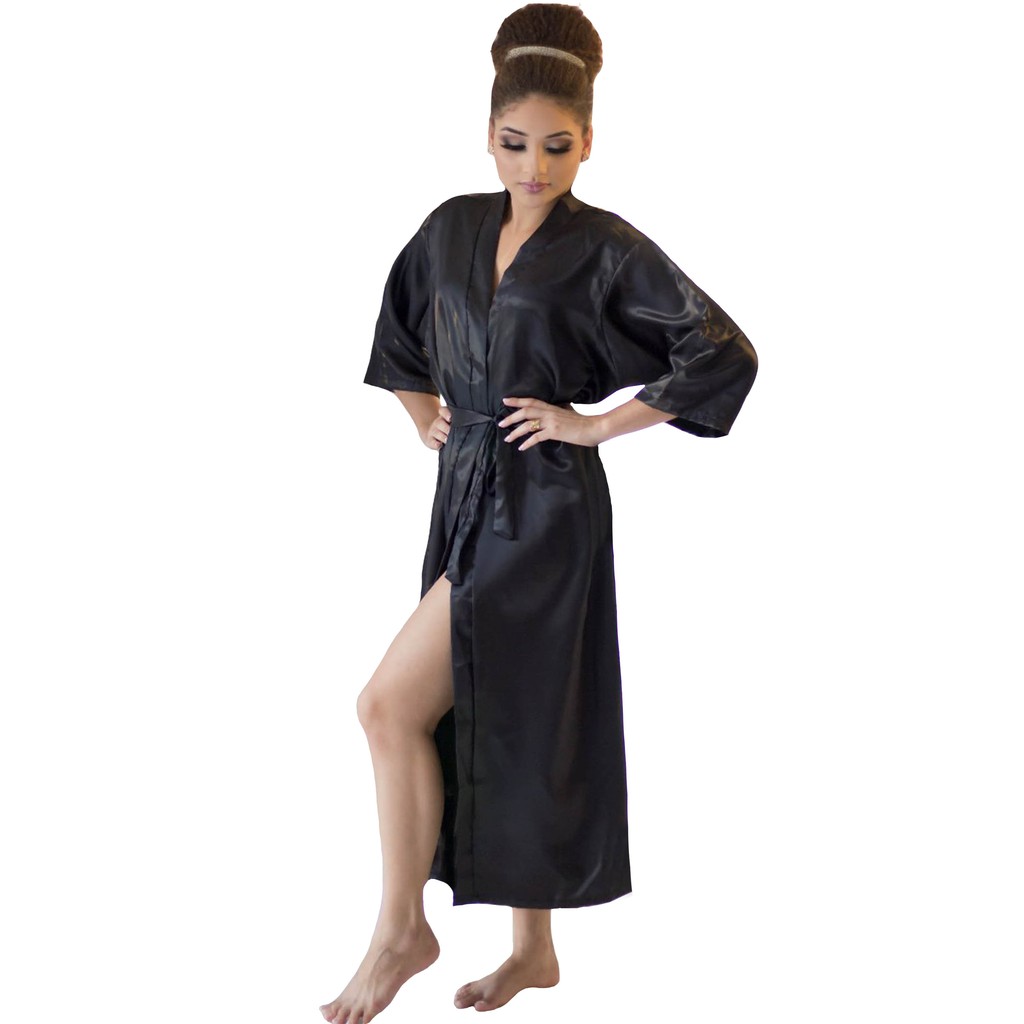 Robe Longo de Cetim Feminino Manga 3/4 Cor Preto