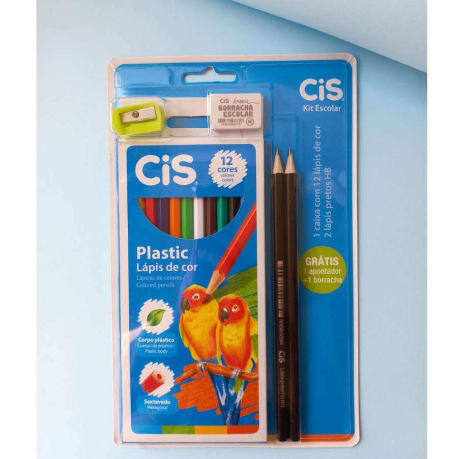 Kit Escolar Lápis de Cor + 2 Lápis de Escrever + Apontador + Borracha - Cis