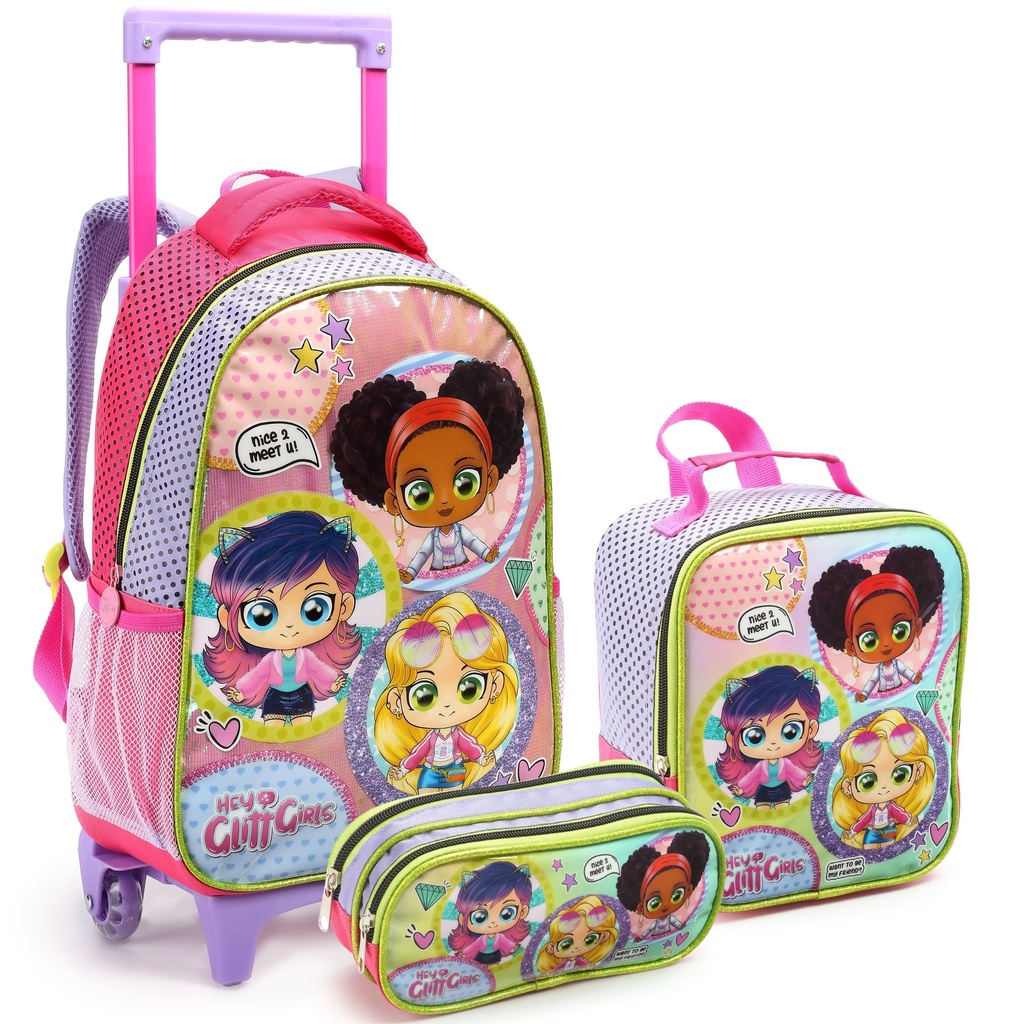 Mochila Infantil Feminina com Rodas Kit Lancheira Estojo