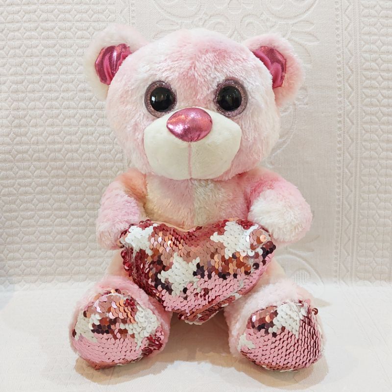 Urso rosa (Grande 24cm sentado) Coração e patas de Lantejoulas Olhos de ...