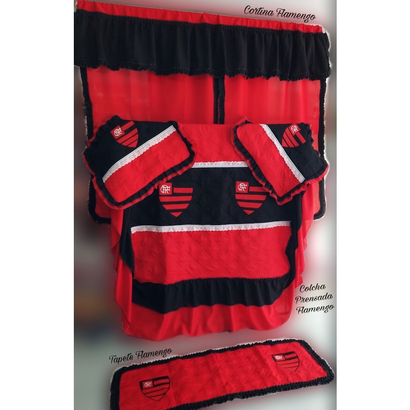 KIT FLAMENGO RUBRO-NEGRO BORDADO MATELADO ACOLCHOADO CASAL/QUEEN/KING/SOLTEIRO COLCHA CORTINA E TAPETE