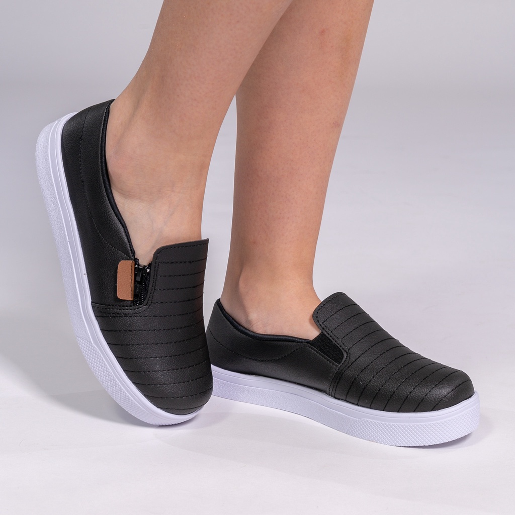 Tênis Feminino Slip On Casual Ziper Napa Preto Lançamento Shopee