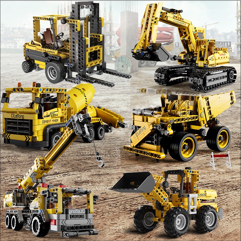 Série Lego Engenharia Compatível Carro De Transporte Pá De Forquilha Misturador Escavadeira Bloco De Construção De Guindastes