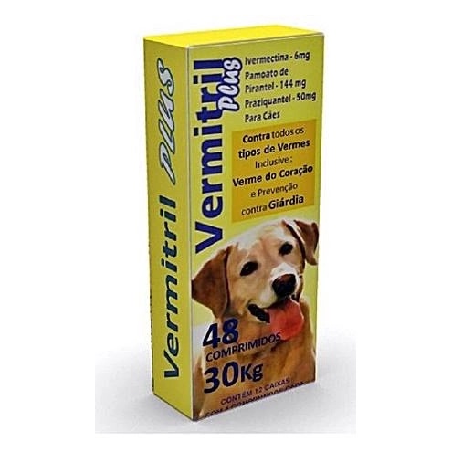 Vermitril Plus - Anti Pulgas, Carrapatos, Vermes e Sarnas - 30kg - com 12 CAIXAS COM 4 COMPRIMIDOS CADA (48 COMPRIMIDOS)