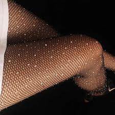 Meia-calça feminina com strass na altura da coxa, meias elásticas arrastão, meia  arrastão de rede de peixe grande, Black+red, One Size