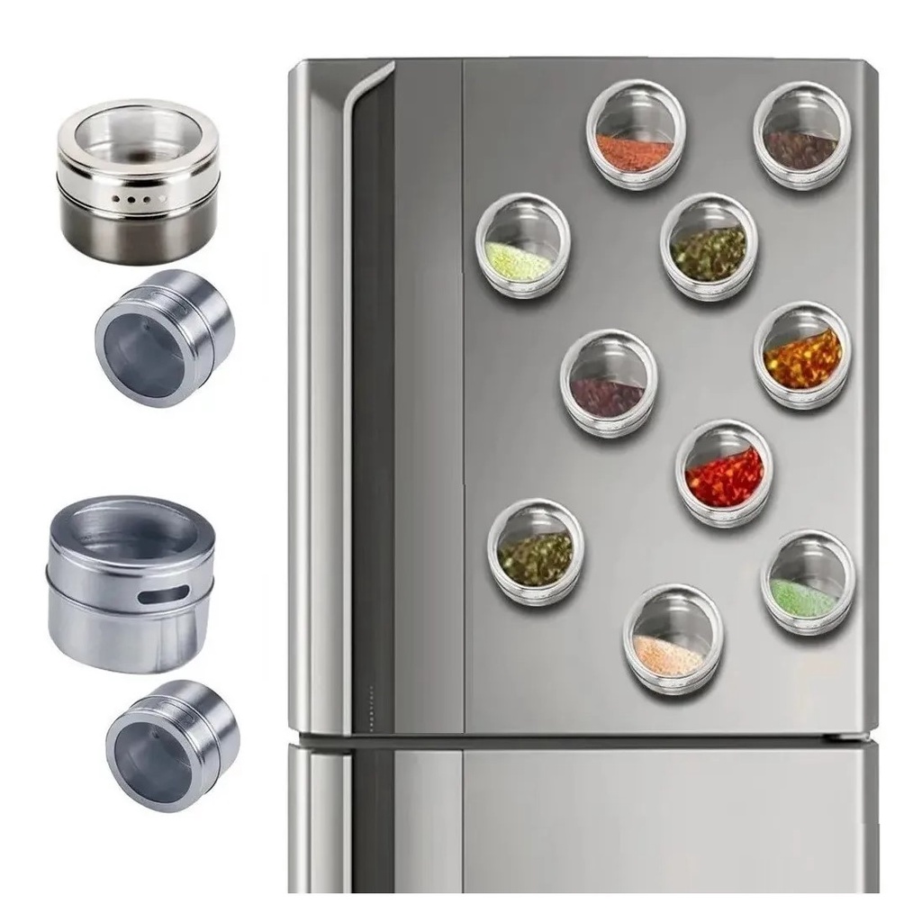 Porta Condimento Magnético Em Aço Inox Porta Tempero Com Imã Para Geladeira Freezer Microondas Kit C/ 6 Potes