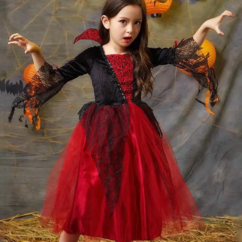 Fantasia Vampira Infantil de Halloween Vestido Super Luxo e dentes