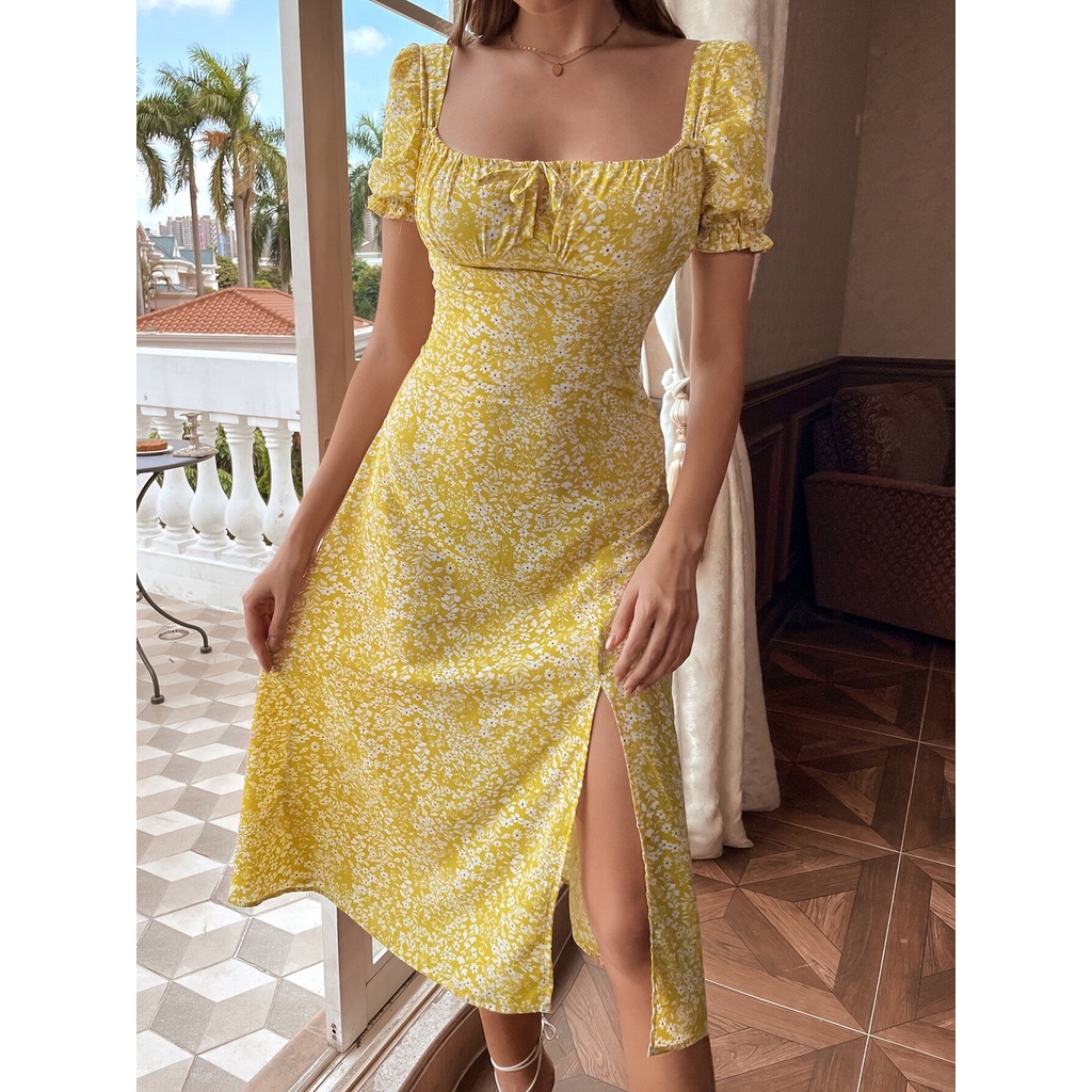 Vestido Amarelo Midi Floral Shein