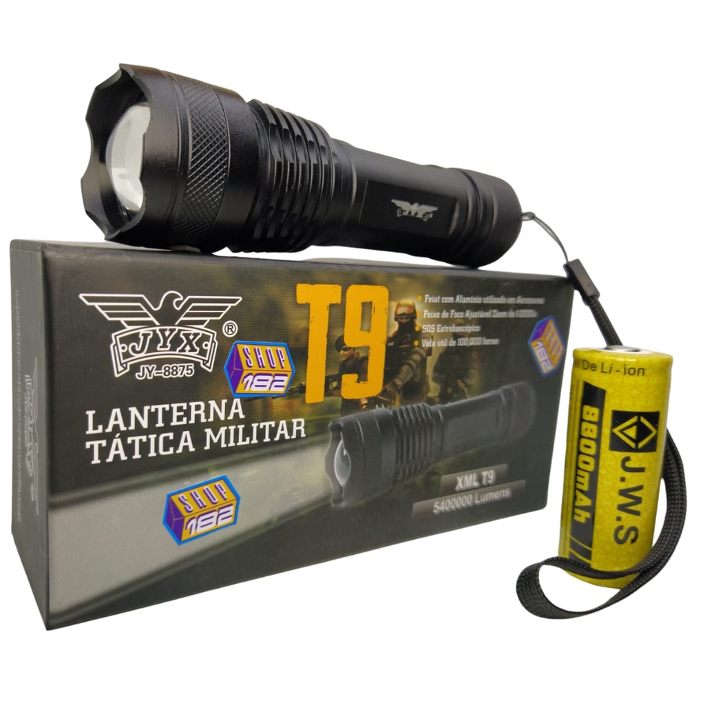 Lanterna Tática Led T9 8875 Militar Mega Potente Zoom 5 modos de Iluminação  - Lanternas Importadas