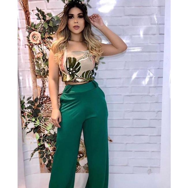 Conjunto feminino calca pantalona verde crooped estampado