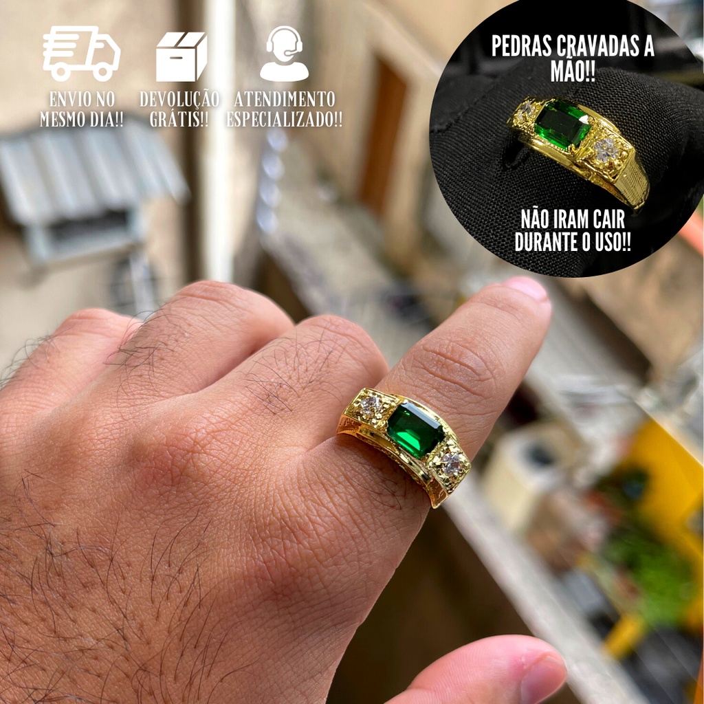 Anel Masculino De Ouro C/ Pedra Verde Banhado a Ouro 24k Dedeira ...
