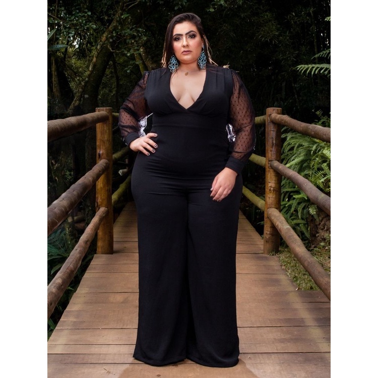 Macacão Festa Social Casual Manga Longa com Tule de Poá Acinturado Plus  Size do P ao XXG Super Elegante e Confortável Veste Super Bem