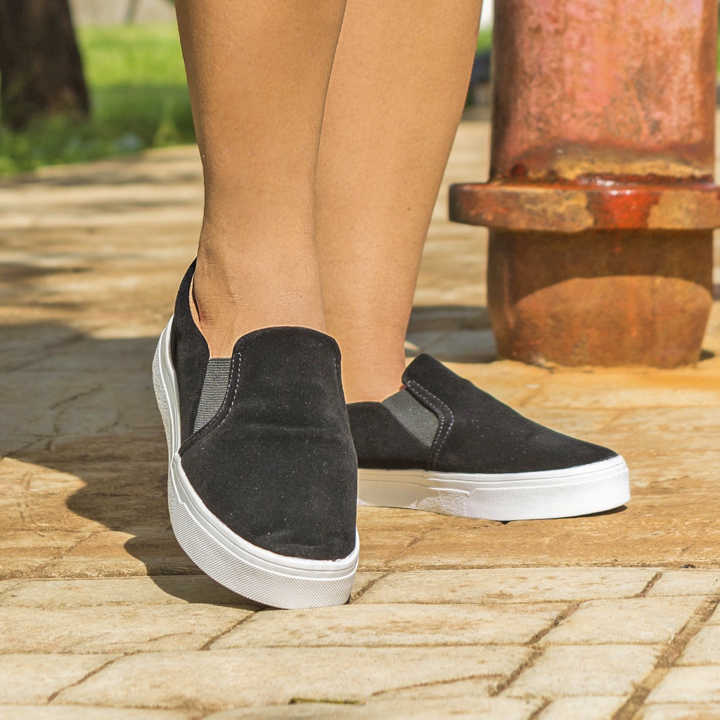 SLIP-ON FEMININO CASUAL CONFORTÁVEL CAMURÇA PRETO/CARAMELO TAM 38