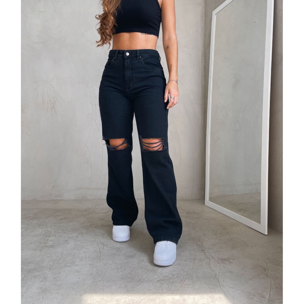 Calça Jeans Pantalona Wide Leg Feminina Vintage Básica