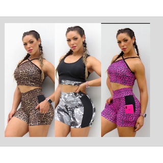 kit 3 Conjuntos Feminino Fitness Short Cos Alto + Top Feminino Fitness (CORES E MODELOS VARIADOS) Moda Fitness Roupa feminina para Academia