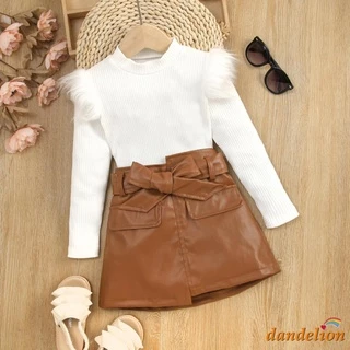 Dandelion-1-6 Anos Casual 2 Peças/Conjunto Infantil Feminino Com Blusa De Manga Comprida Em Cor Lisa + Short Saia Cinto