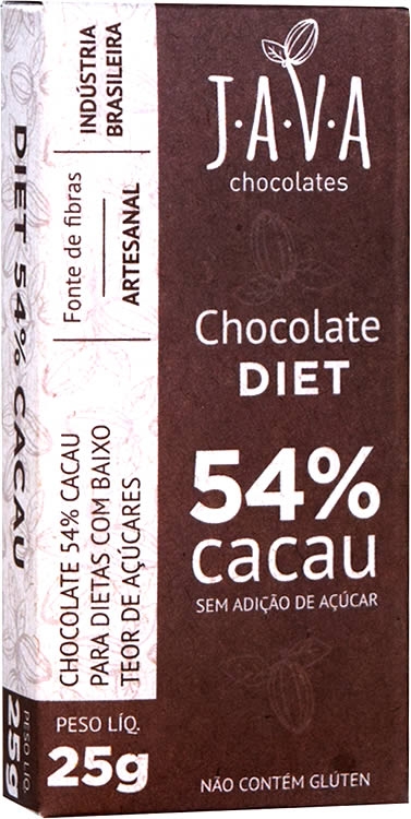 Chocolate Diet 54% Cacau Sem Adição de Açúcar Java Chocolates 25g ...