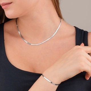 Kit Colar e Pulseira Formato De Cobra Laminada Banhada a Prata 925 Feminino 4mm