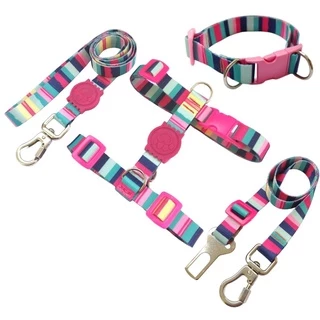 Kit Pet Coleira Peitoral H Antipuxão Para Cachorro e Gato Guia Cinto de Segurança Adestramento Rosa