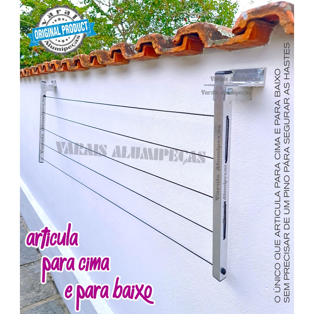 Varal em Alumínio Articulado com articulação para Cima e para Baixo Reforçado para Muro, Parede, Área de Serviço, Apartamento, Sacada, Hotéis e Pousadas