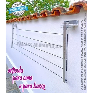 Varal em Alumínio Articulado com articulação para Cima e para Baixo Reforçado para Muro, Parede, Área de Serviço, Apartamento, Sacada, Hotéis e Pousadas