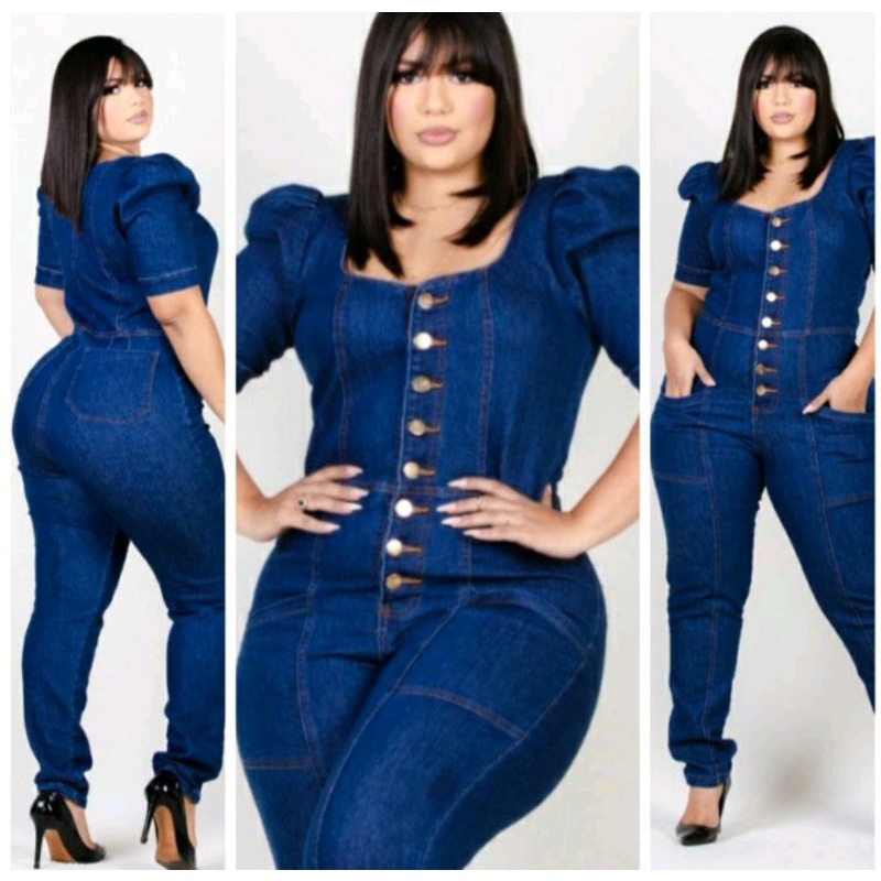 Macacão jeans feminino comprido best sale plus size