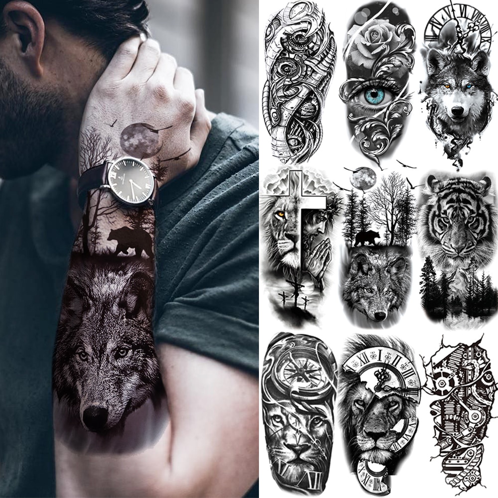 Adesivos De Tatuagem Para Mulheres E Homens , Lobo Tigre À Prova D'água , Crânio Da Morte , Temporária , Desenho Preta De Animais Floresta