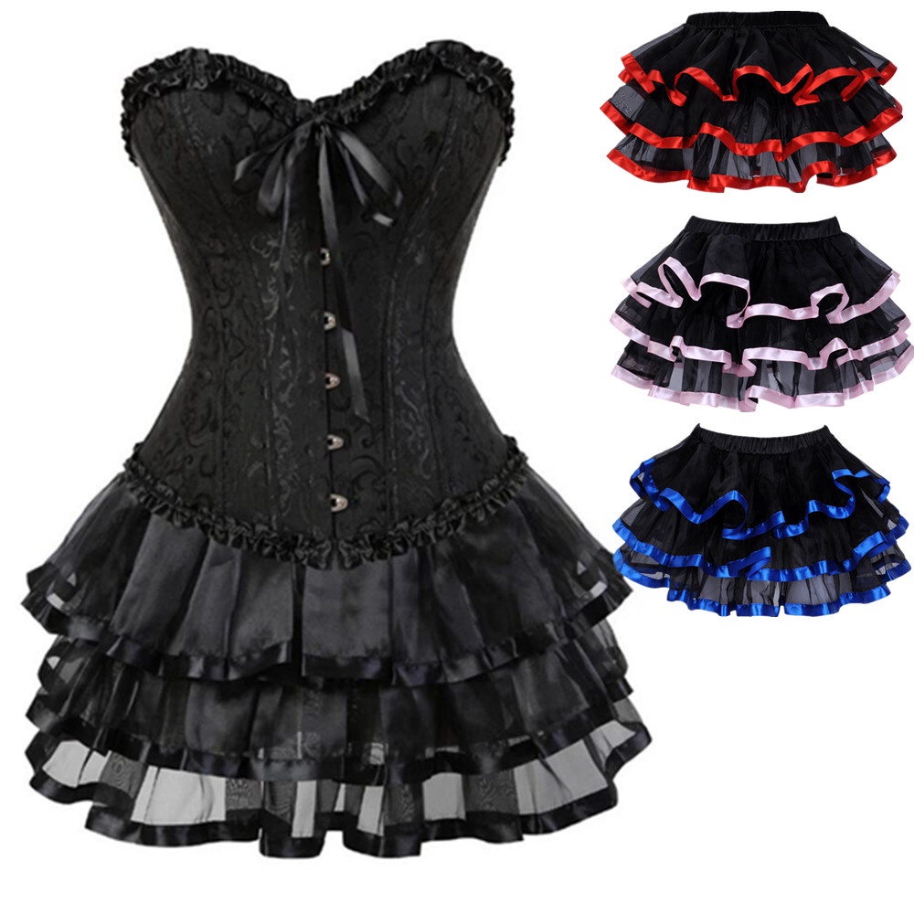 Conjunto Espartilhos Sexy Para Mulheres plus size Traje overbust burlesque corset E Saia tutu corselet Vitoriano Vestidos De Moda