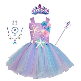 Meninas Pastel Ariel Sereia Vestido Tutu Sob O Mar Tema Da Festa De Aniversário Traje Com Headband Flor Do Oceano Vestidos De Flores 1-12Y