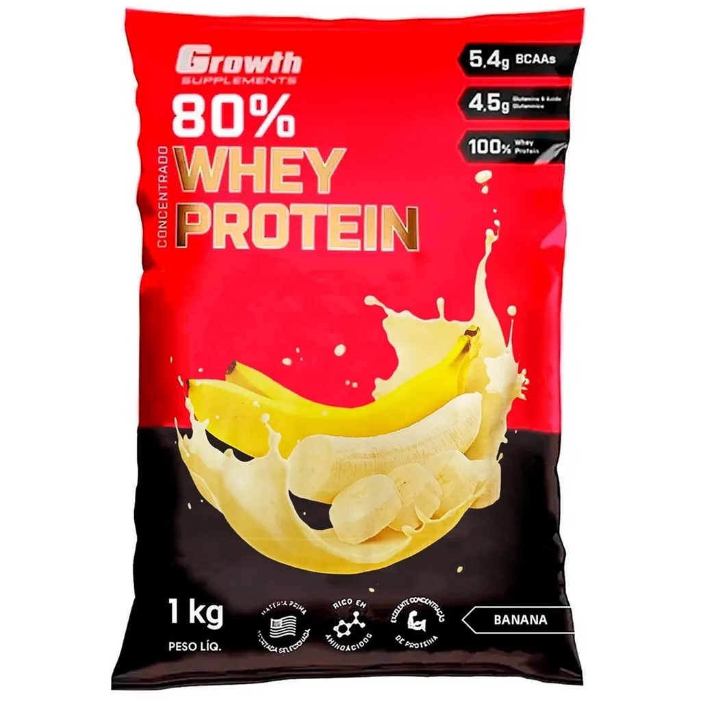 Whey Protein De Banana 80% Proteína Concentrado 1Kg Growth Suplementos Original
