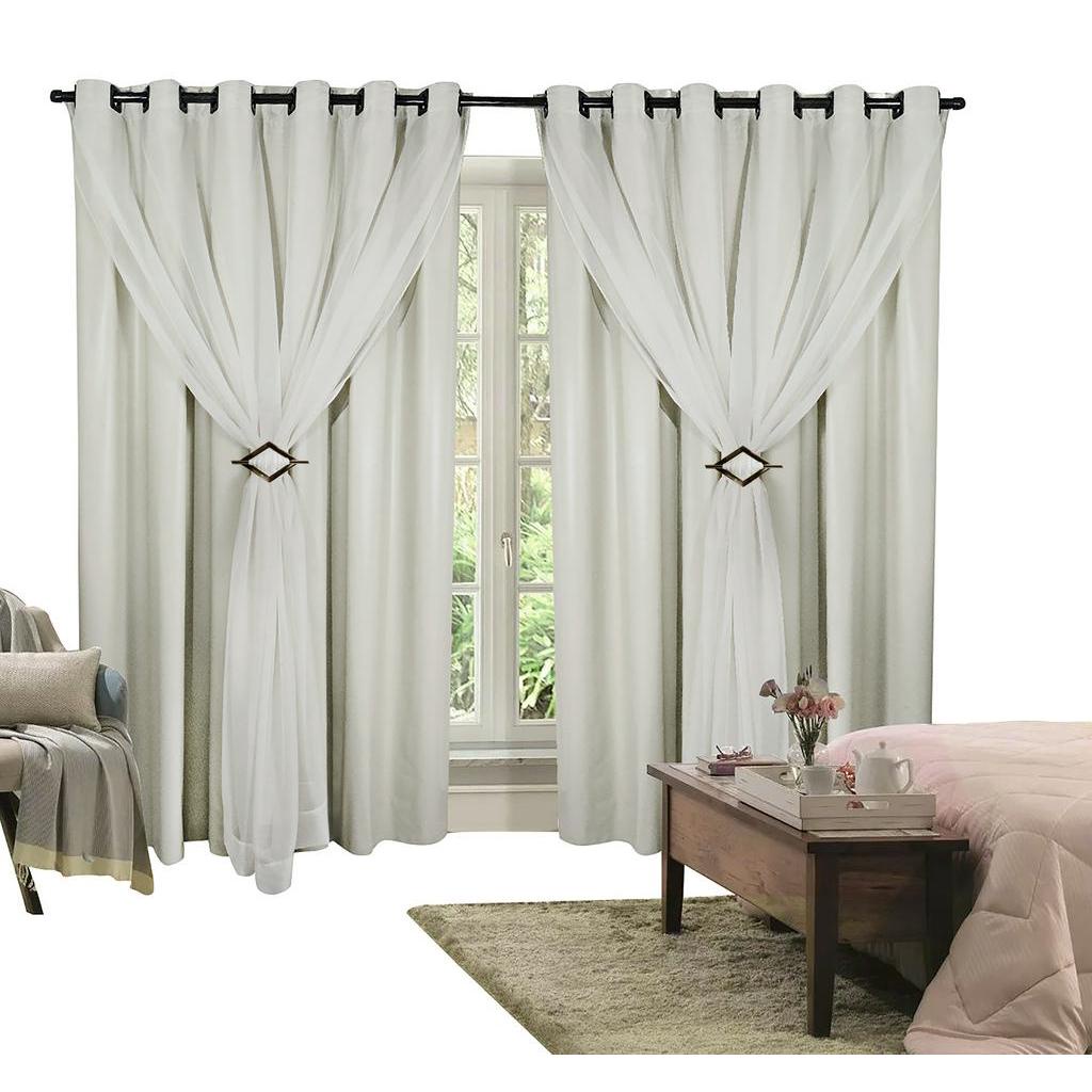Cortina Corta Luz 4,00m X 2,40m 100% Blackout Com Voil Branco Para Sala Ou Quarto Para Varão Simples
