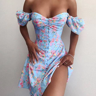 Novo Vestido De Manga Floral Francês Acinturado