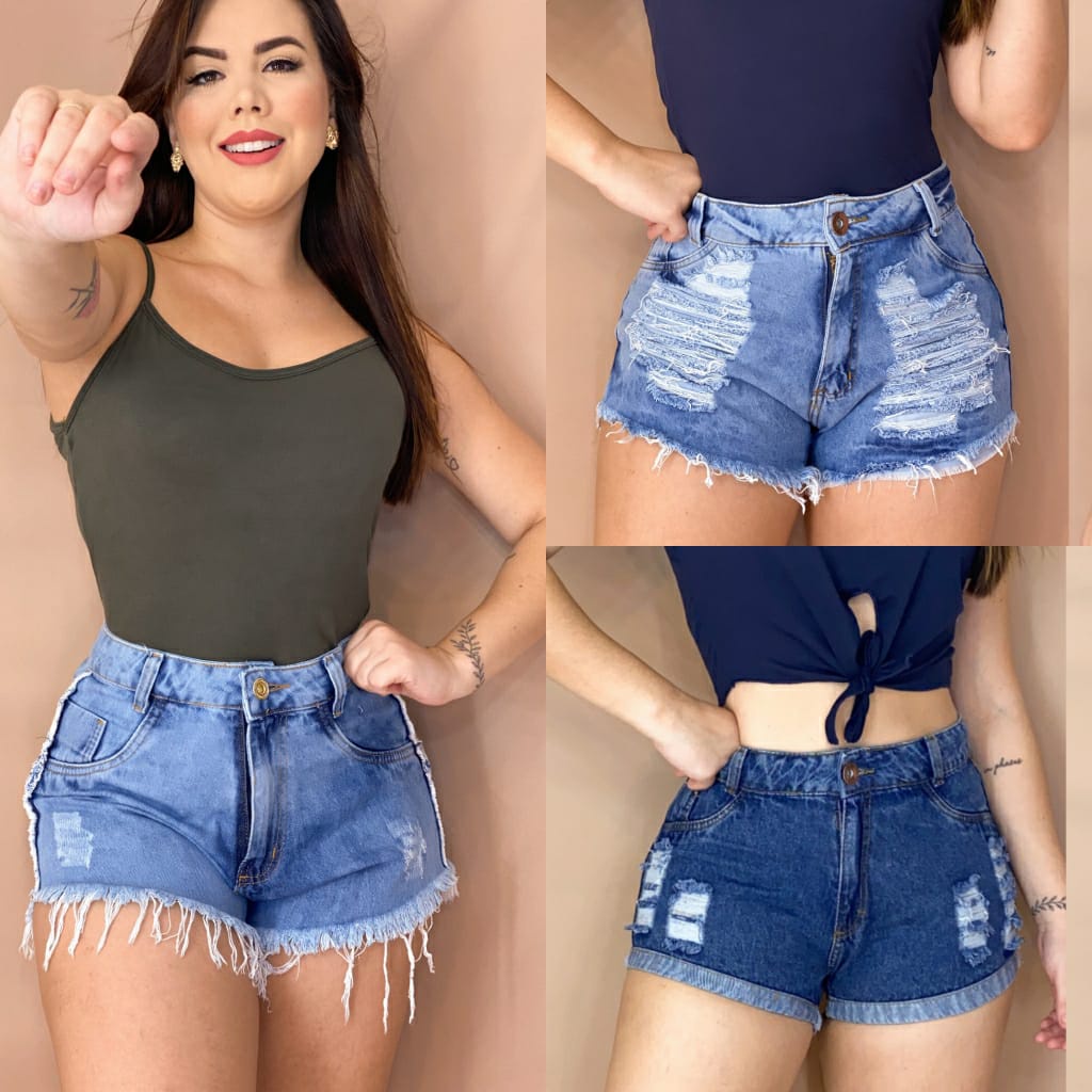 Shorts Jeans Feminino Cintura Alta Cos Alto Desfiado Destroyed