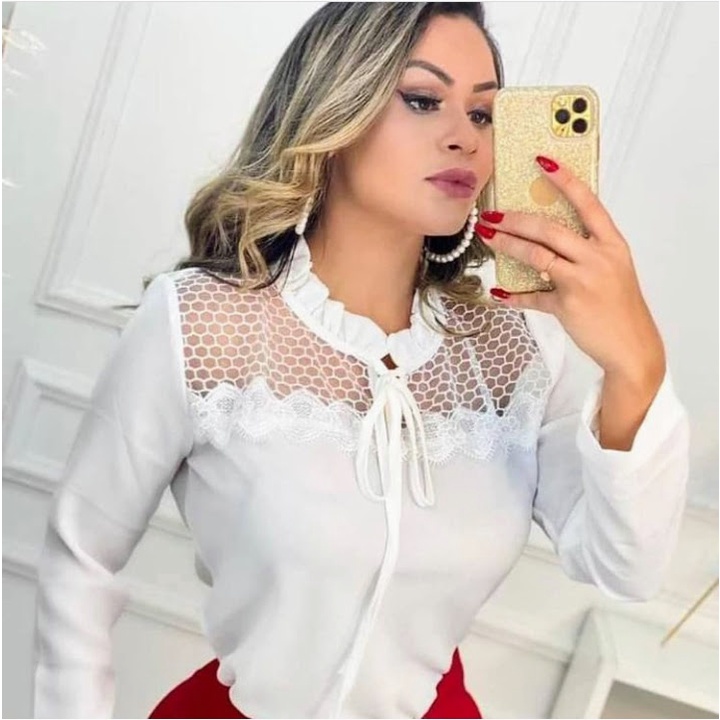 Blusa Blusinha Camisa Social Elegante em renda - Moda Evangélica, manga  longa