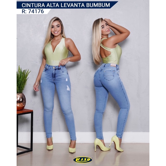 Calça Jeans Feminina Cós Alto Levanta Bumbum Ri19