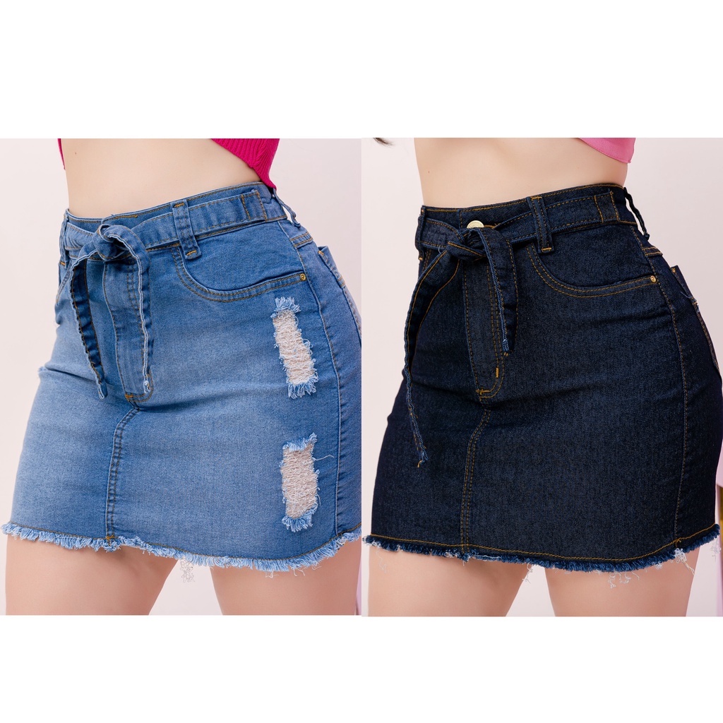 Saia Jeans Feminino Cintura Alta Com Lycra Levanta bumbum C/ Cinto