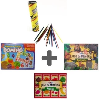 04 Jogos (Pega Varetas + Jogo Dominó Frutas e Números Educacional + Jogo Memória Animais + Jogo Da Memória Frutas).
