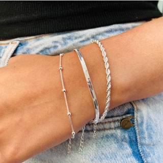 Kit 3 Pulseiras Prata 925 Folheada Cordão Baiano Fio Liso Metalizada Conjunto Pulseira Feminina de Bolinha