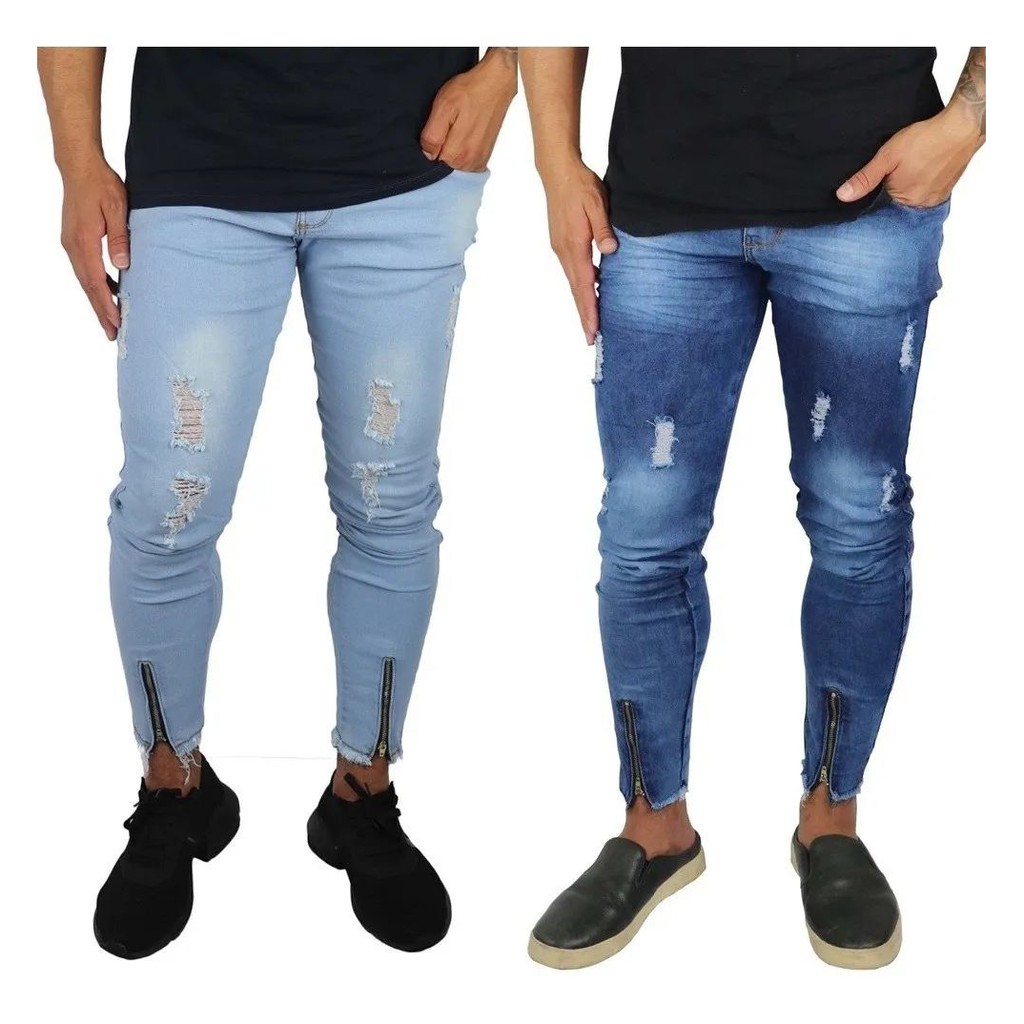 Calça Super Skinny Masculina Com Lycra Jeans Ziper na Perna