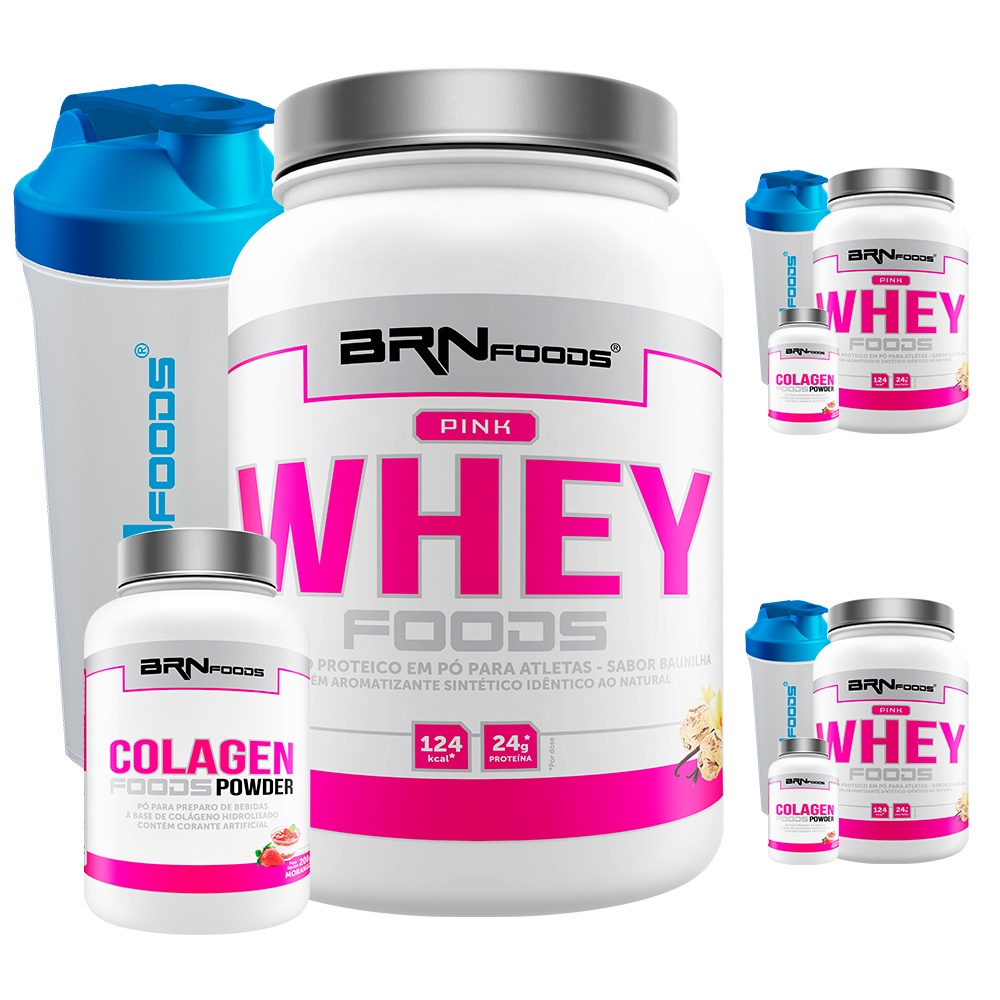 COMBO AMIGAS: 3x Pink Whey Protein com Colágeno 900g + 3x Pink Colágeno 200g + 3x Coqueteleira – BRN FOODS