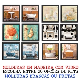 Kit 2 Quadros Banheiro, Lavabo, Toalete - Molduras Em Madeira Com Vidro - Escolha Entre 20 Opções