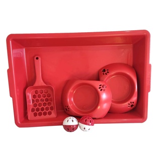 Kit Caixa De Areia Para Gatos Com Pá Bebedouro Comedouro Coloridos + Bolinhas