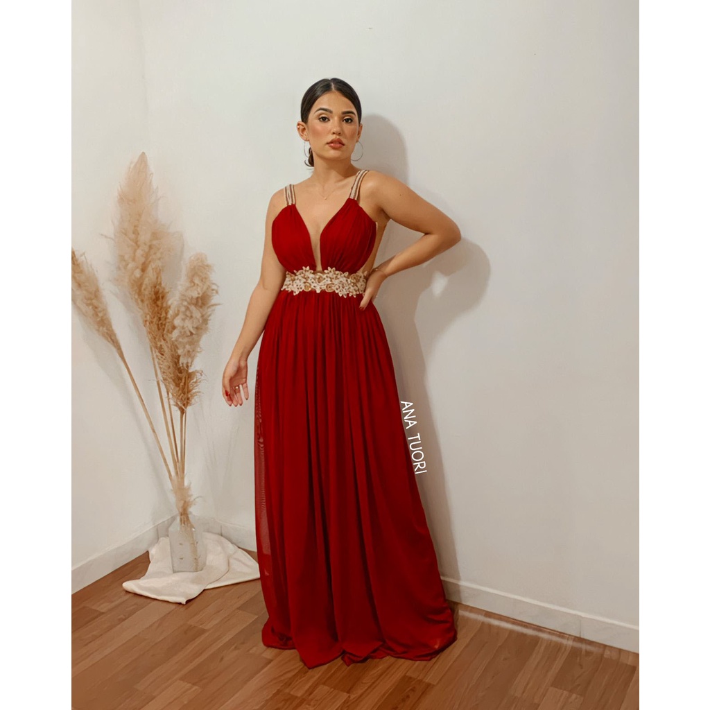 Vestido vermelho bordado com hot sale perola