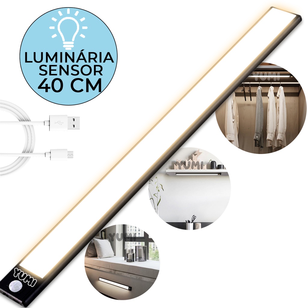 Luminaria Lampada Led Sem Fio Com Sensor Presença Barra 40 Cm Grande