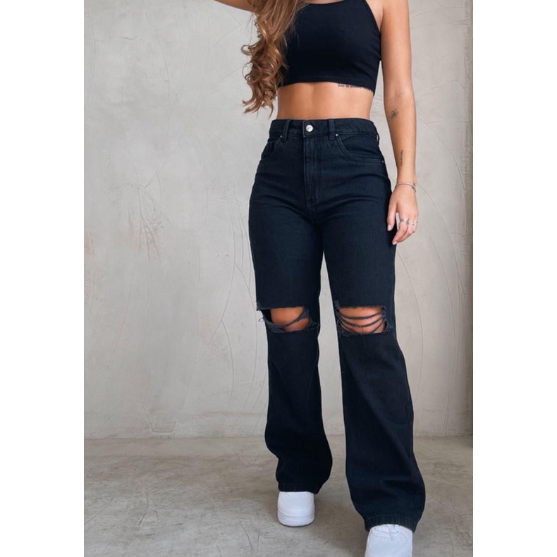 Calça Wide Leg Jeans Rasgado Pantalona Feminina Destroyed em