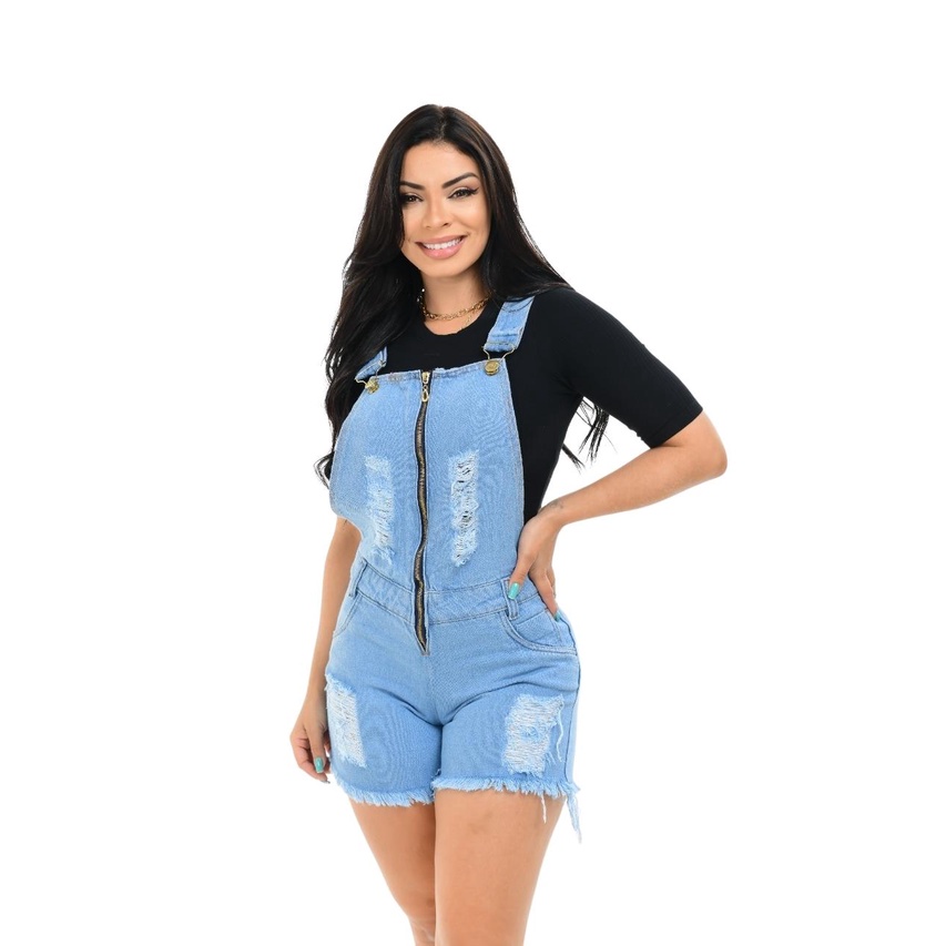 Jardineira Macacão Jeans Feminino Curto Verão