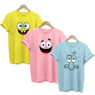 Kit Com Três Camisa Feminina Bob Esponja Patrick estrela e Lula Molusco Baby look
