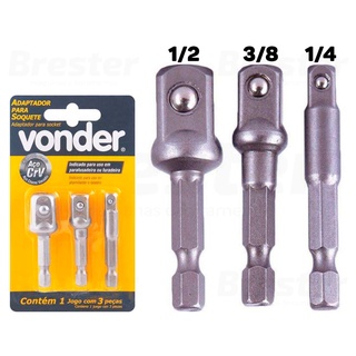 Kit 3 Adaptador Soquete Parafusadeira Furadeira 1/4 3/8 1/2 Vonder