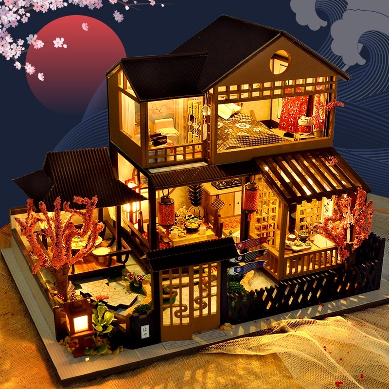 CUTEBEE Casa de jardim japonesa DIY Casa de boneca Casa em miniatura De madeira mini casa Casa de bolso Com Luz led DIY Para presente de feriado