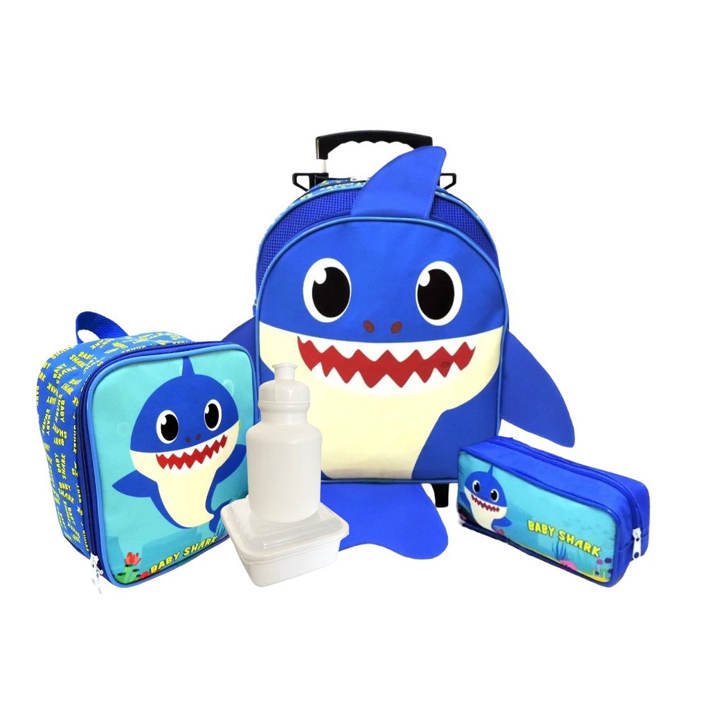 Kit Mochila Infantil Baby Shark Rodinha M Papai Tubarão Azul Escolar